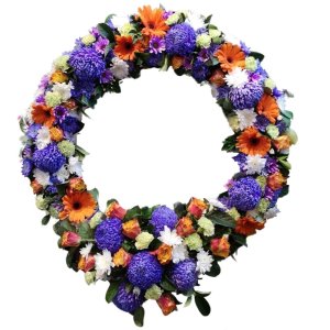 A wreath of white flowers, a traditional symbol of sympathy and support during times of loss