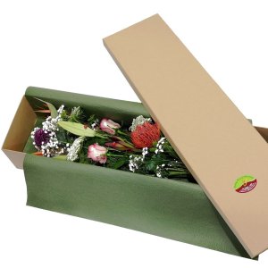 A beautiful presentation box filled with vibrant flowers, adding a touch of elegance and color to any occasion