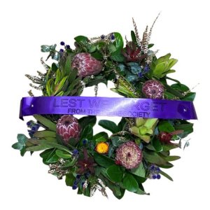 Anzac wreath with Australian native flowers and green leaves, symbolizing remembrance and honor for fallen soldiers