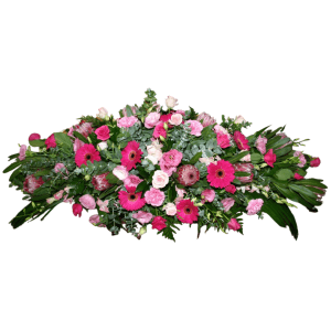 A beautiful casket arrangement adorned with pink flowers, elegantly designed in pink and white hues