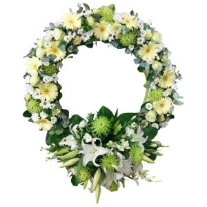 White flower wreath with green leaves