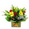 A vibrant flower arrangement displayed in a green box, showcasing a colorful assortment of blossoms