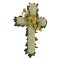 A white cross embellished with yellow roses and white flowers, representing a sympathy tribute