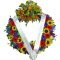 A sympathy wreath adorned with flowers and ribbon, symbolizing condolences and remembrance