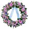 Wreath featuring pink and purple flowers, a symbol of sympathy